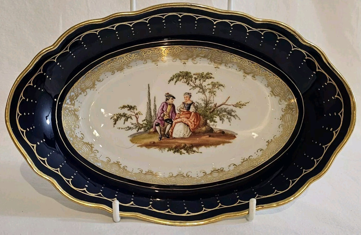A 19thC Porcelain Serving Dish, Hand Painted with Lovers, Blue Meissen Mark