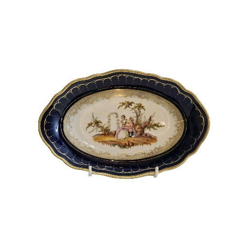 A 19thC Porcelain Serving Dish, Hand Painted with Lovers, Impressed Meissen Mark