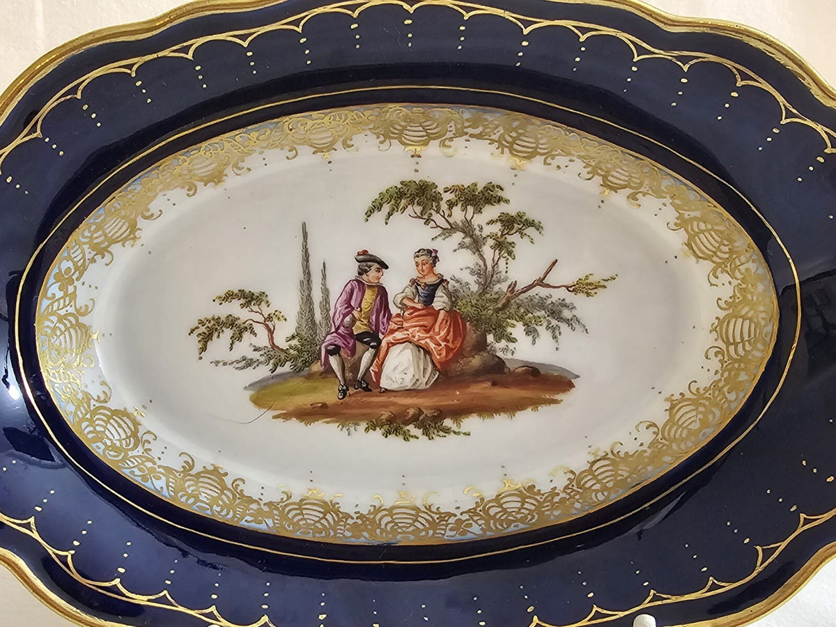 A 19thC Porcelain Serving Dish, Hand Painted with Lovers, Blue Meissen Mark