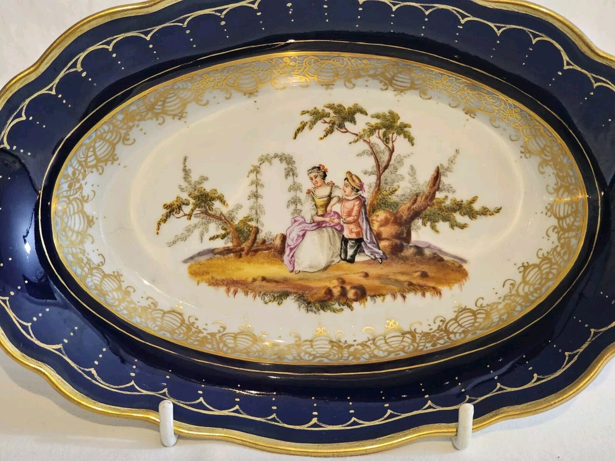 A 19thC Porcelain Serving Dish, Hand Painted with Lovers, Impressed Meissen Mark