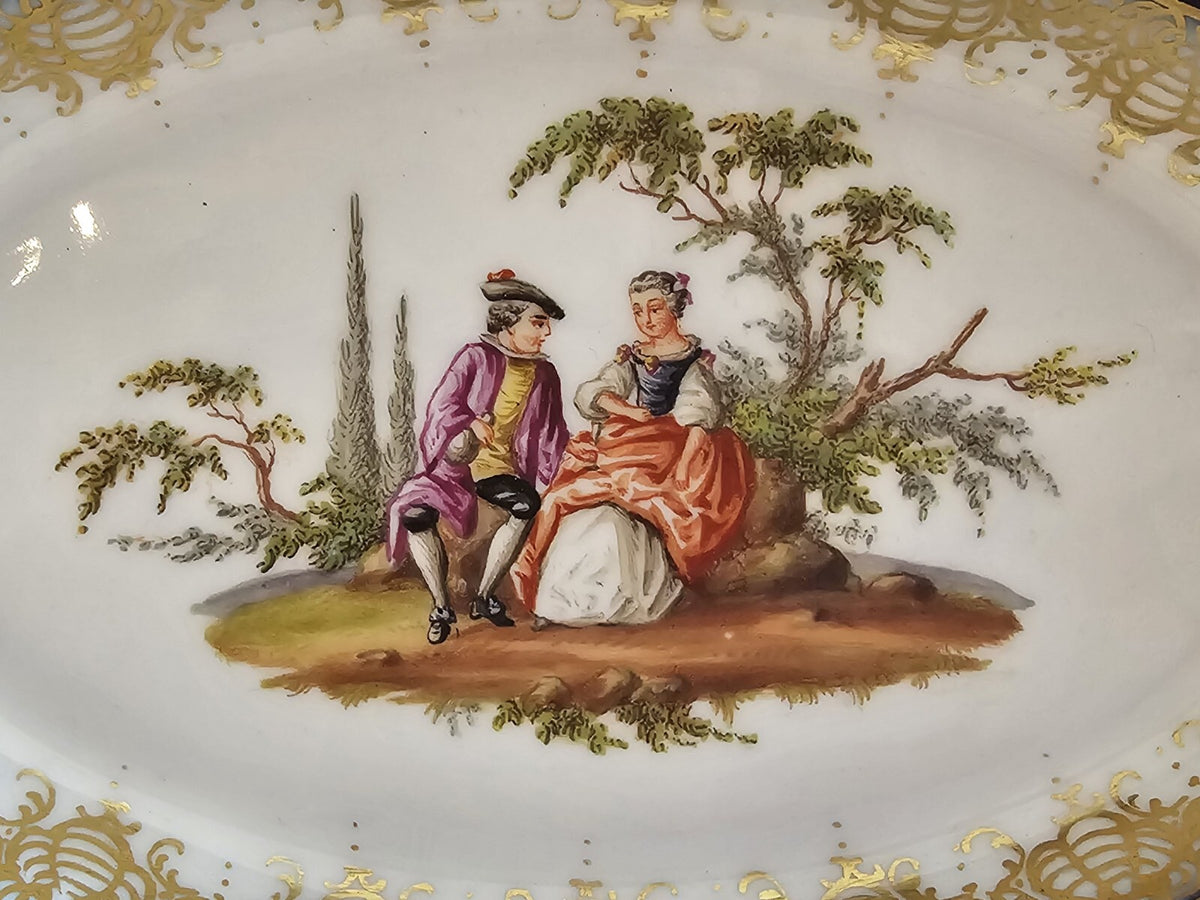 A 19thC Porcelain Serving Dish, Hand Painted with Lovers, Blue Meissen Mark