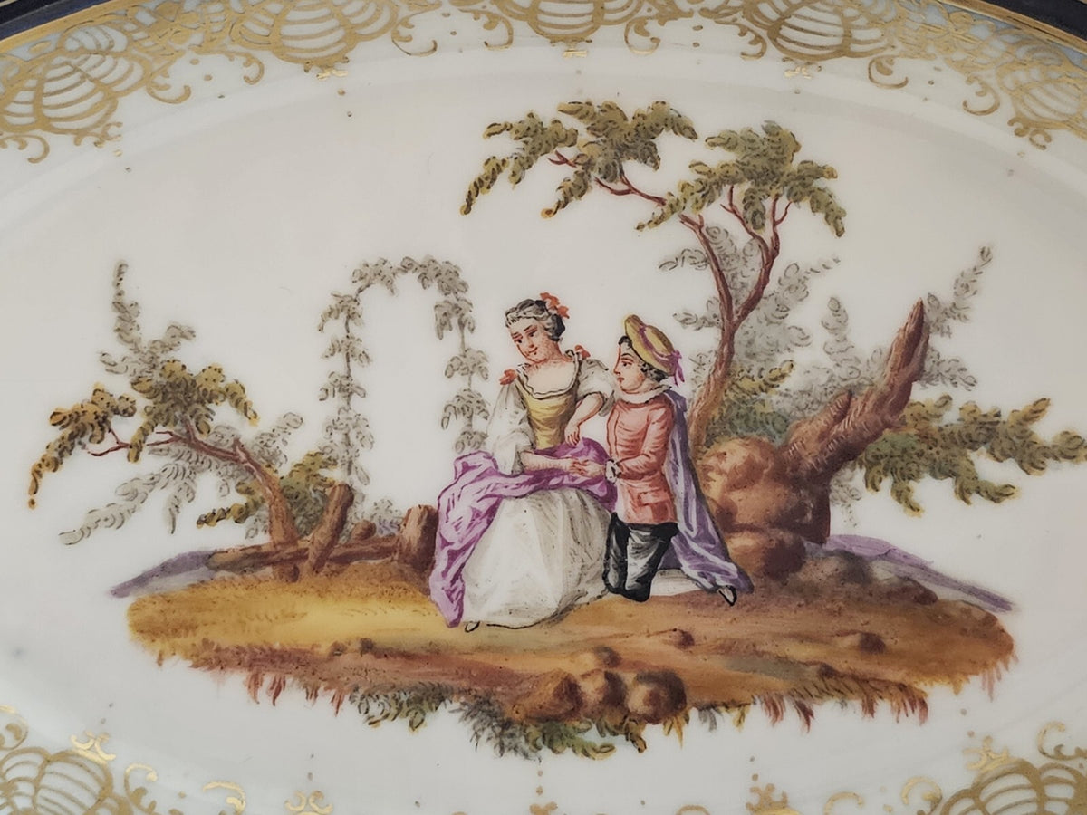 A 19thC Porcelain Serving Dish, Hand Painted with Lovers, Impressed Meissen Mark