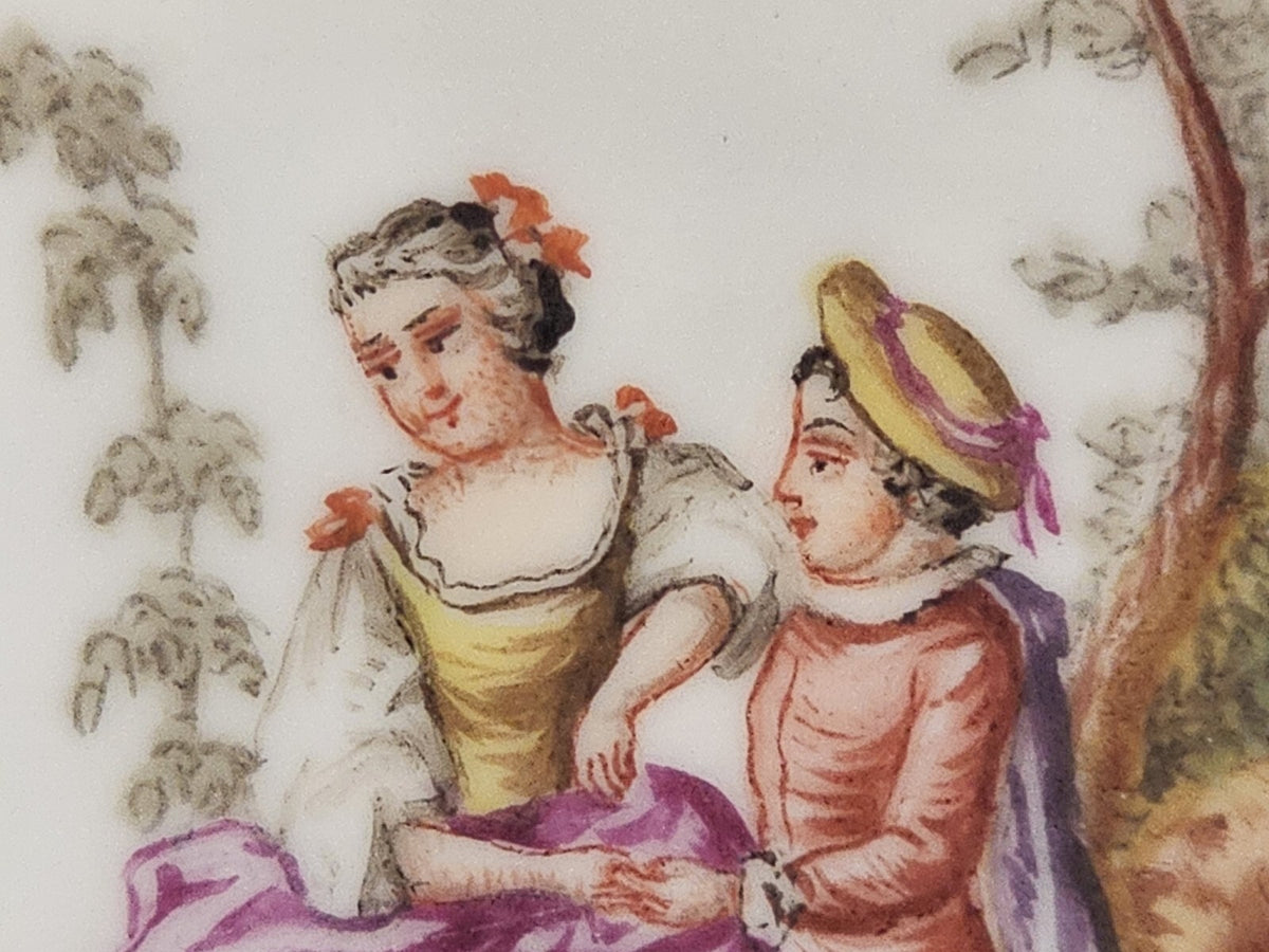 A 19thC Porcelain Serving Dish, Hand Painted with Lovers, Impressed Meissen Mark