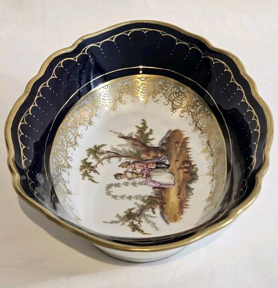 A 19thC Porcelain Serving Dish, Hand Painted with Lovers, Impressed Meissen Mark