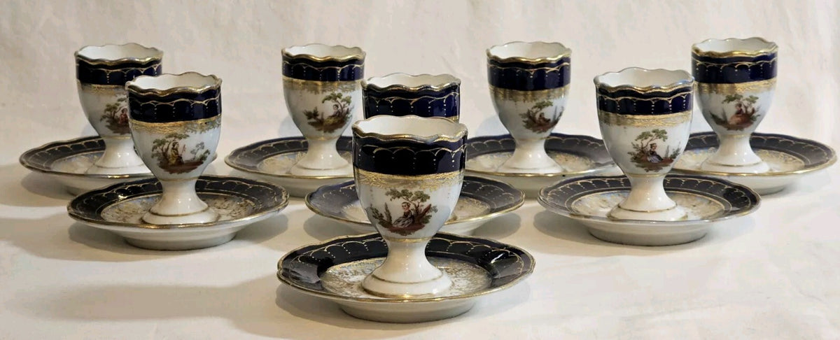 A Set of Eight 19thC German Porcelain Eggcups, Marked Meissen, Hand Painted