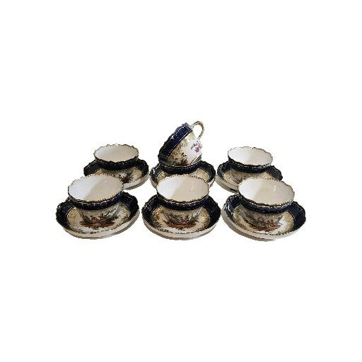 A Set of Six 19thC German Porcelain Cups & Saucers, Marked Meissen, Hand Painted