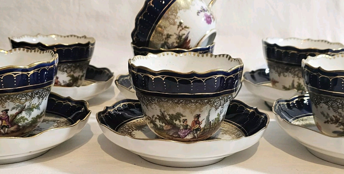 A Set of Six 19thC German Porcelain Cups & Saucers, Marked Meissen, Hand Painted