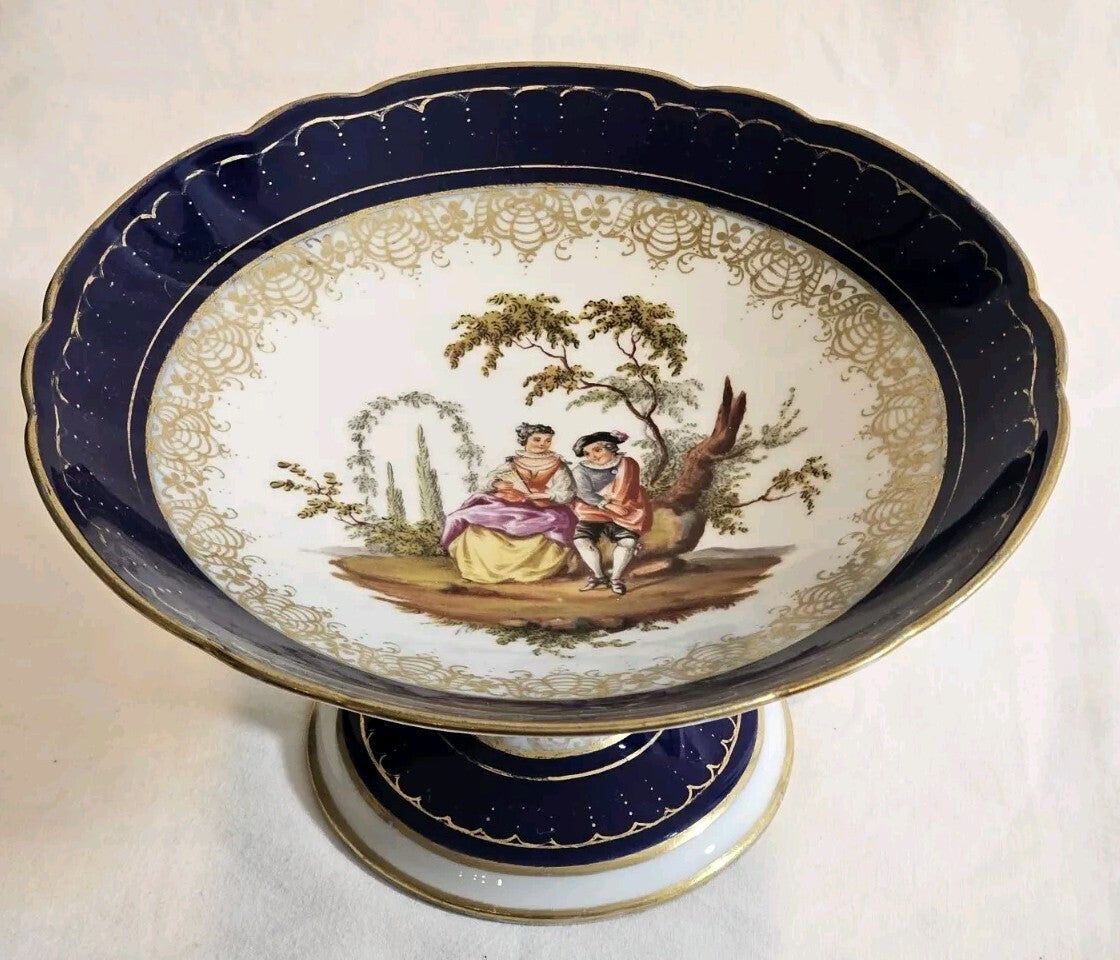 A 19thC German Porcelain Tazza Dish, Hand Painted with Lovers
