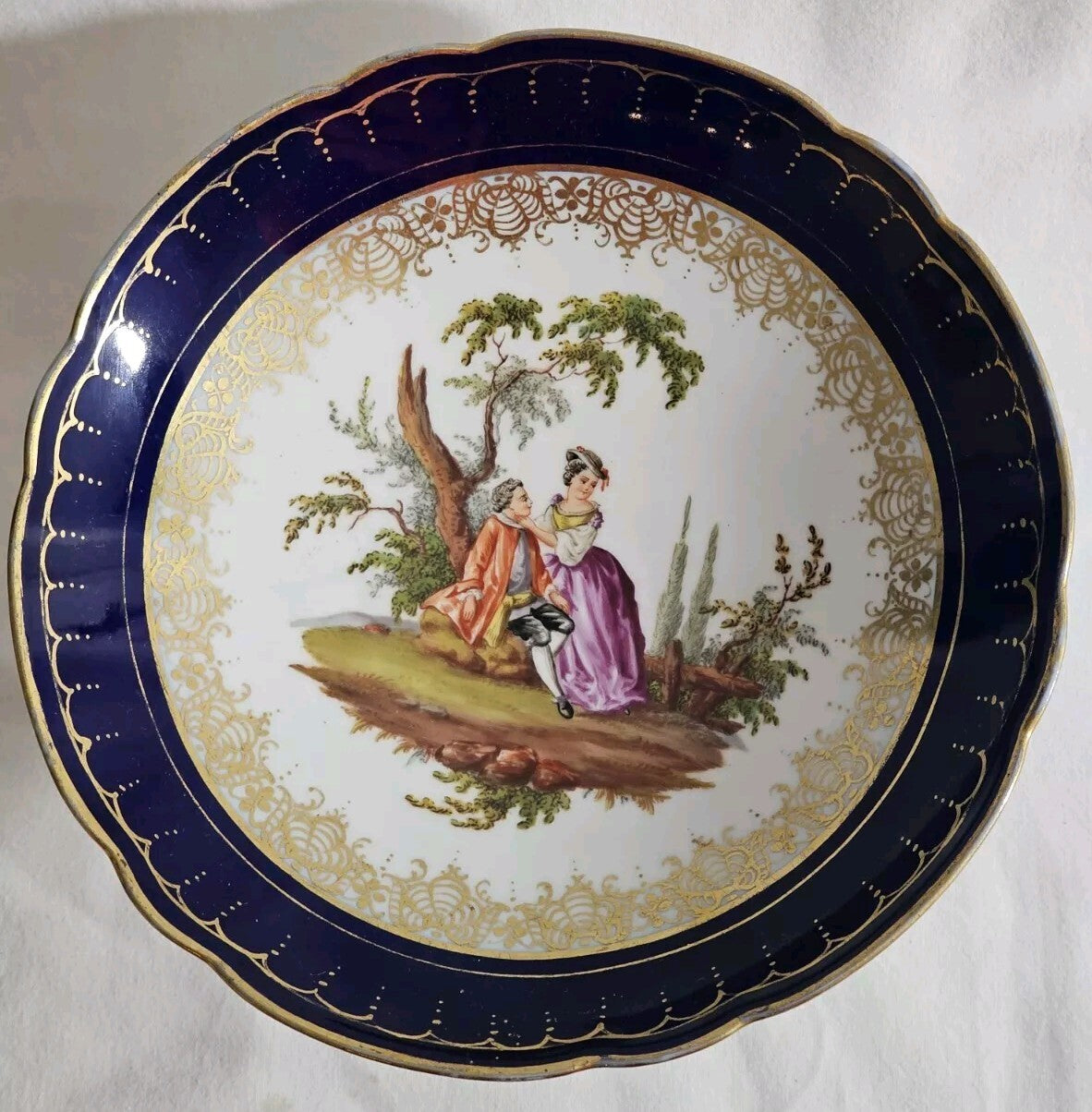A 19thC German Porcelain Tazza Dish, Hand Painted with Lovers