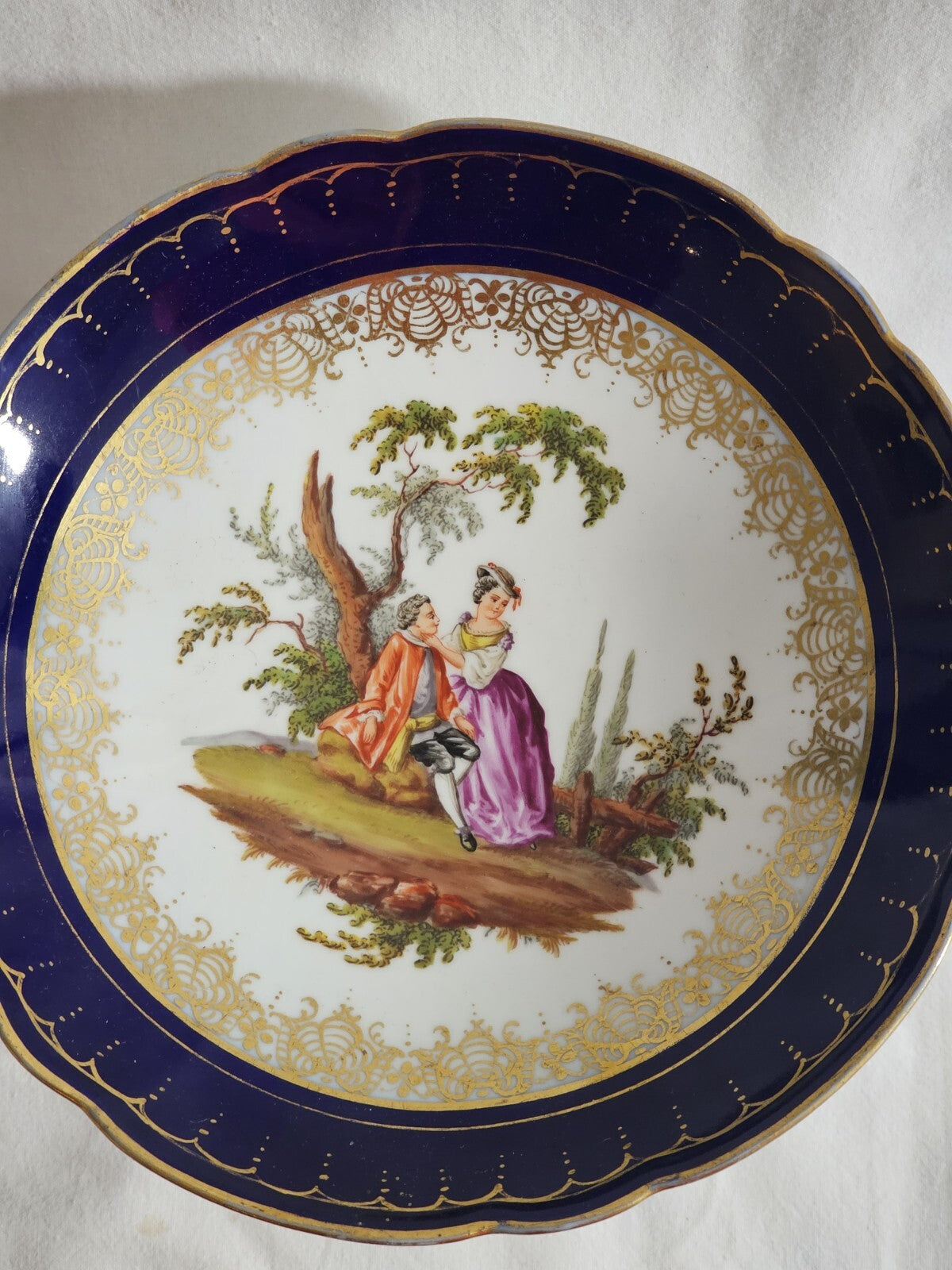 A 19thC German Porcelain Tazza Dish, Hand Painted with Lovers