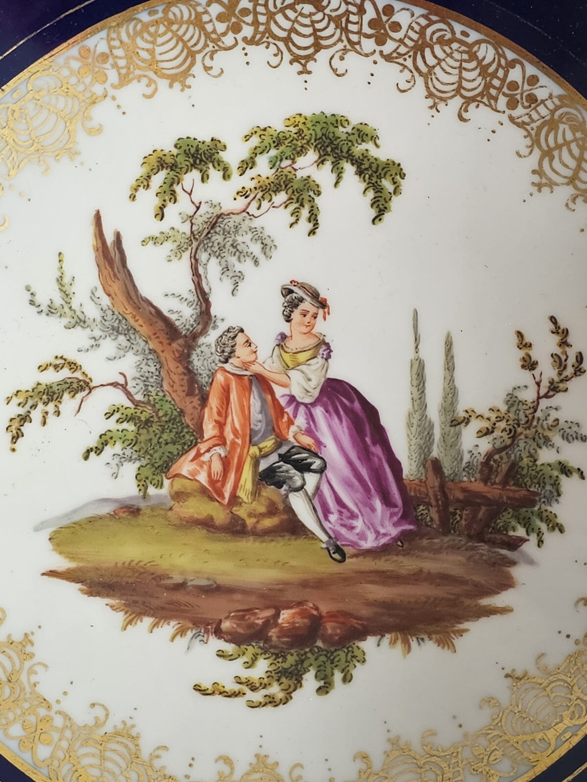 A 19thC German Porcelain Tazza Dish, Hand Painted with Lovers