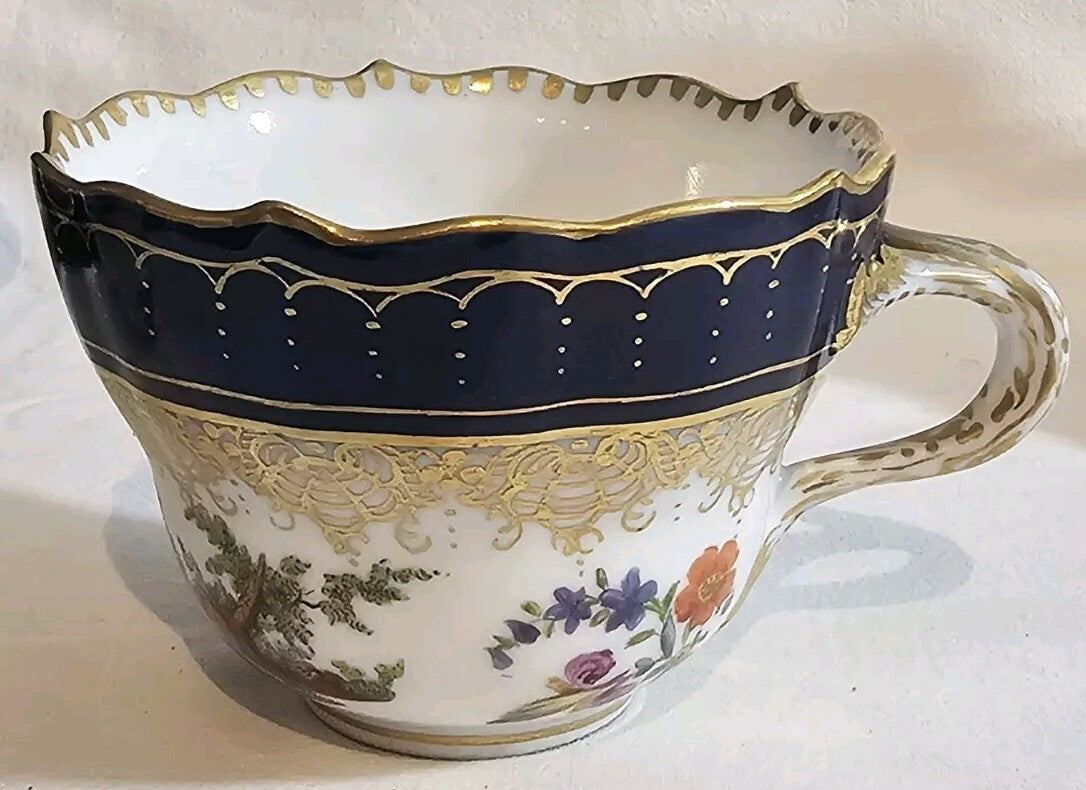 A Set of Six 19thC German Porcelain Cups & Saucers, Marked Meissen, Hand Painted