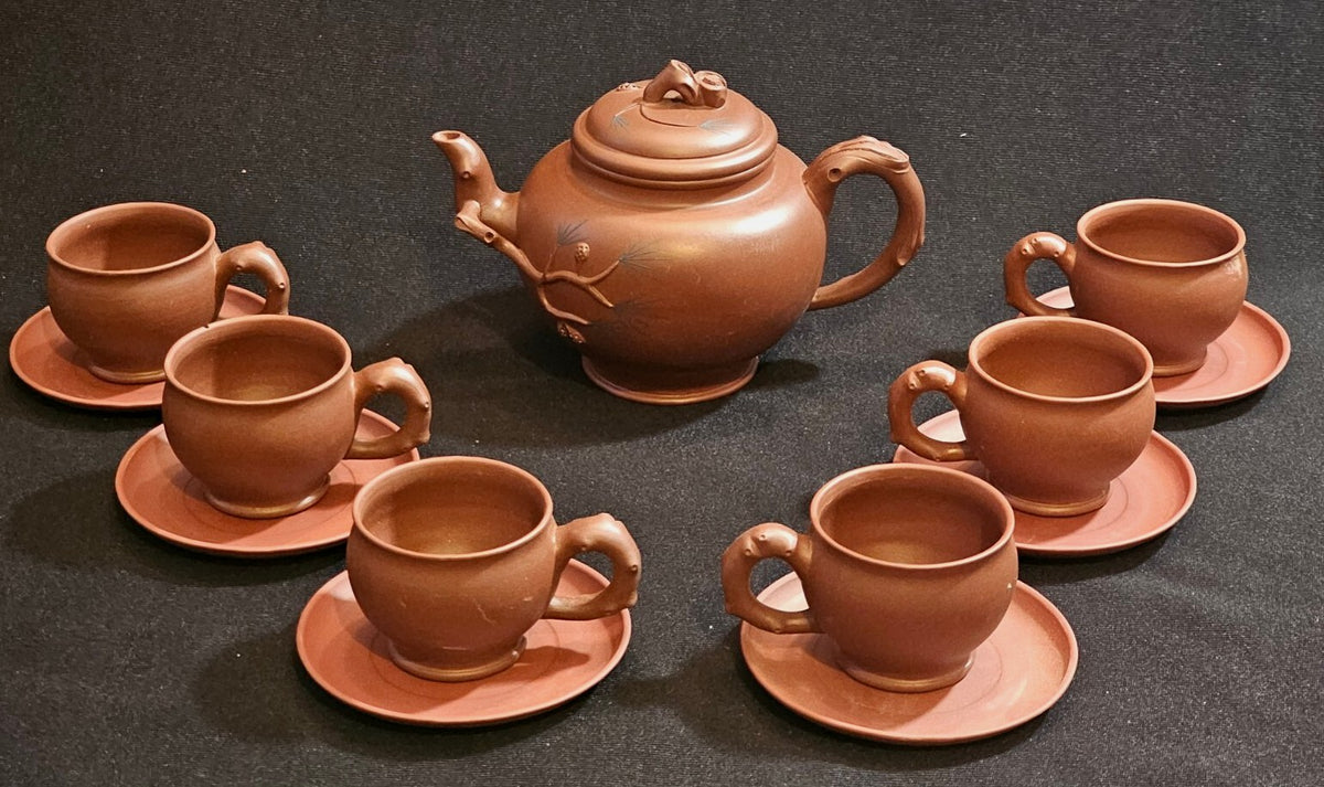 A Vintage Chinese Yixing Red Clay Tea Service  Boxed with Six Cups and Saucers