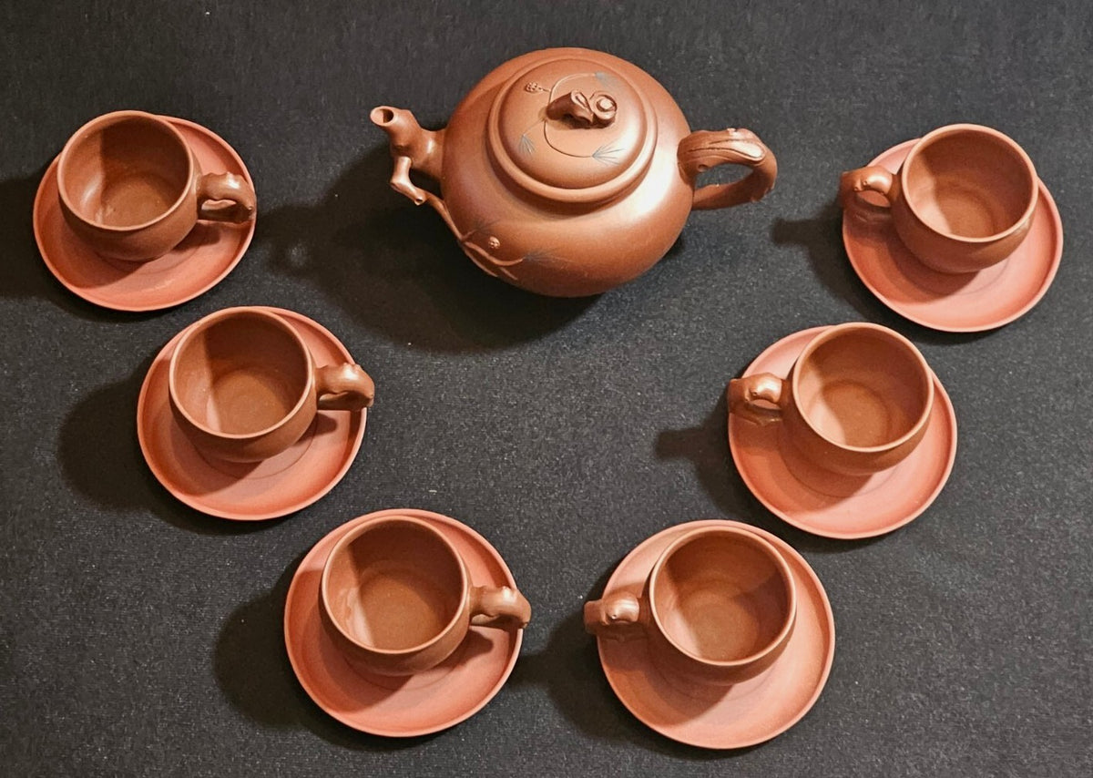 A Vintage Chinese Yixing Red Clay Tea Service  Boxed with Six Cups and Saucers