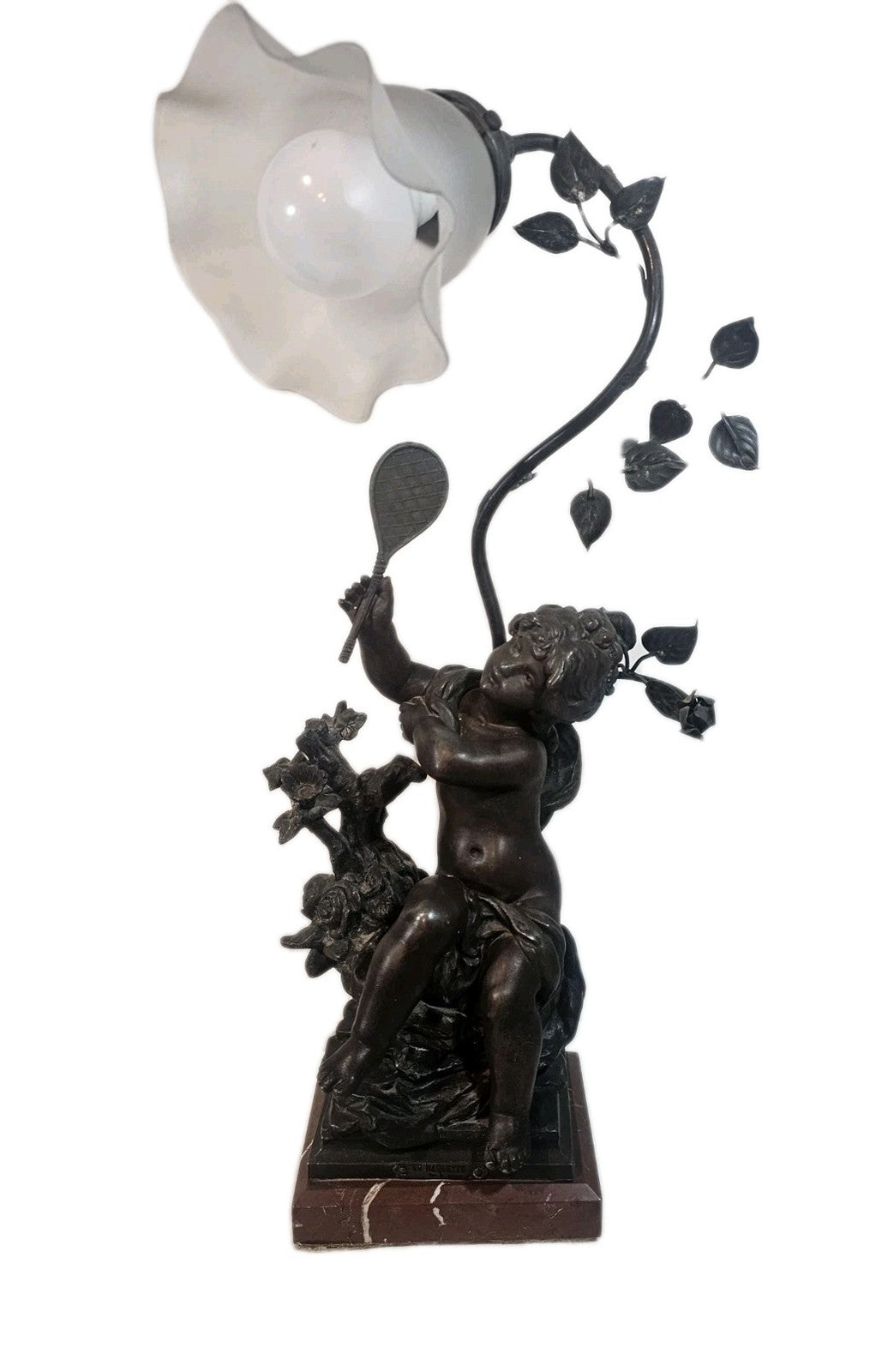 An Antique Spelter Figural Lamp of a Semi Nude Girl Playing Racket Marble Base