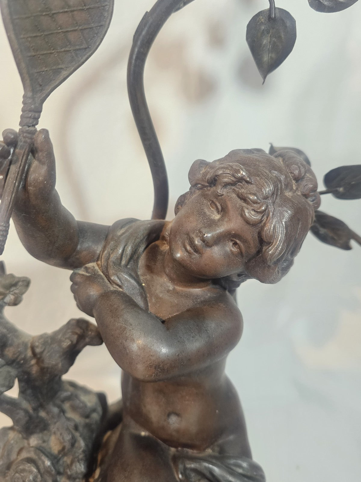An Antique Spelter Figural Lamp of a Semi Nude Girl Playing Racket Marble Base