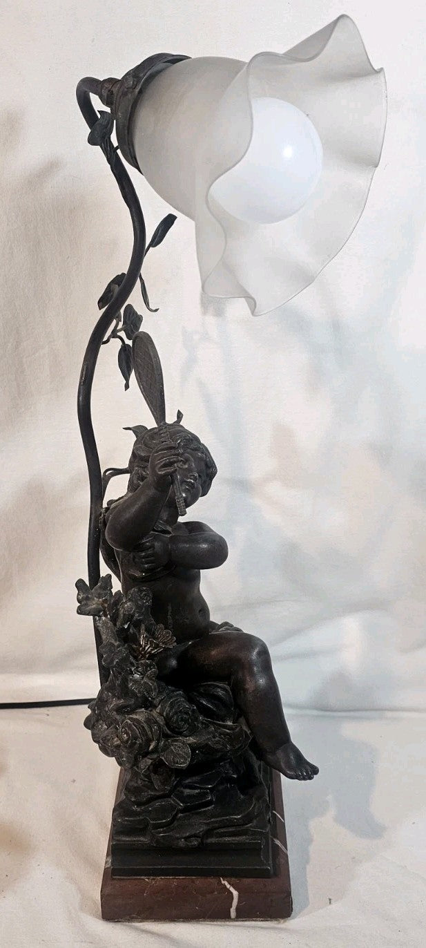 An Antique Spelter Figural Lamp of a Semi Nude Girl Playing Racket Marble Base
