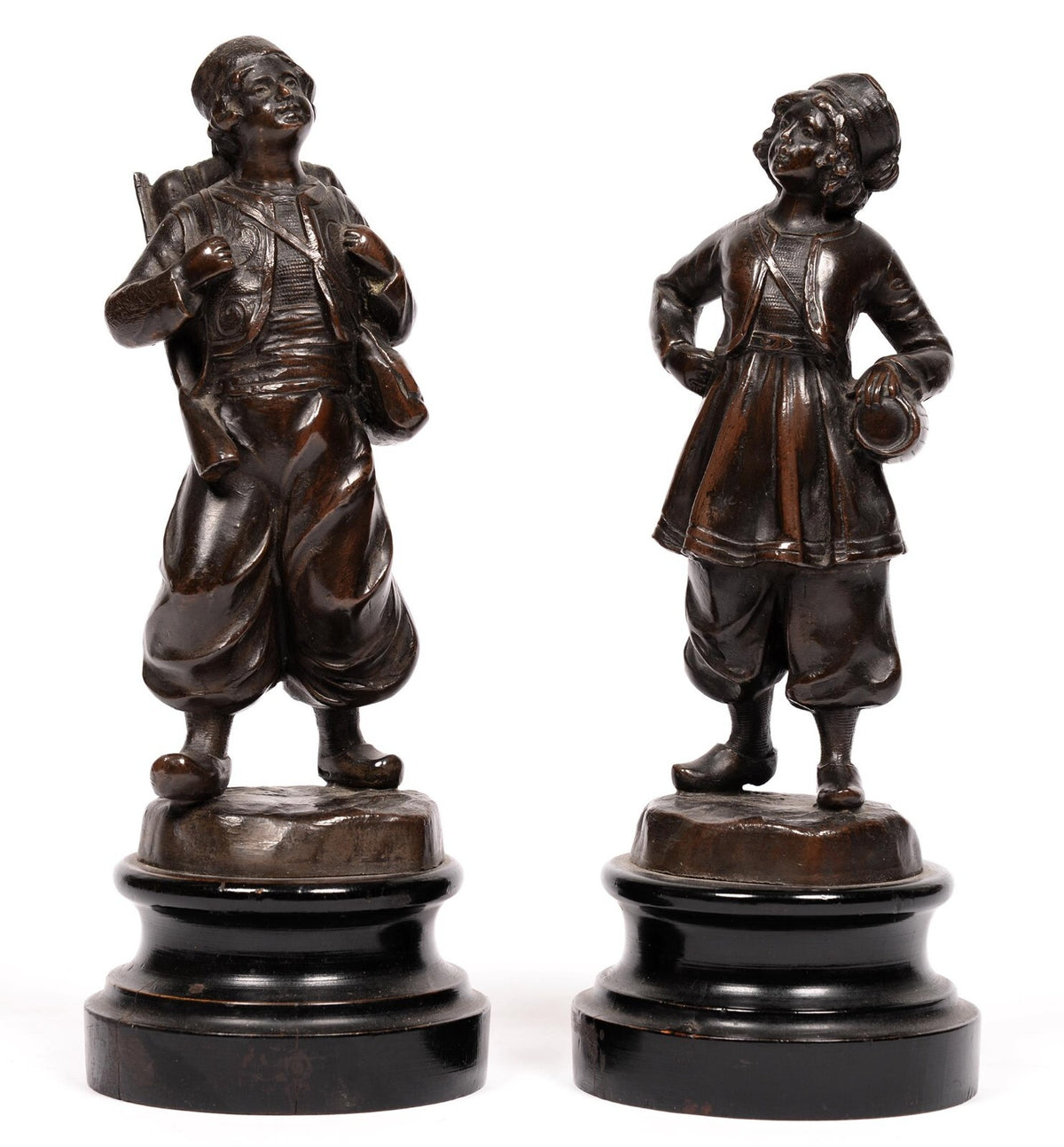An Antique Pair of French Fin de Siècle Bronzed Spelter Statuettes and Peasants,