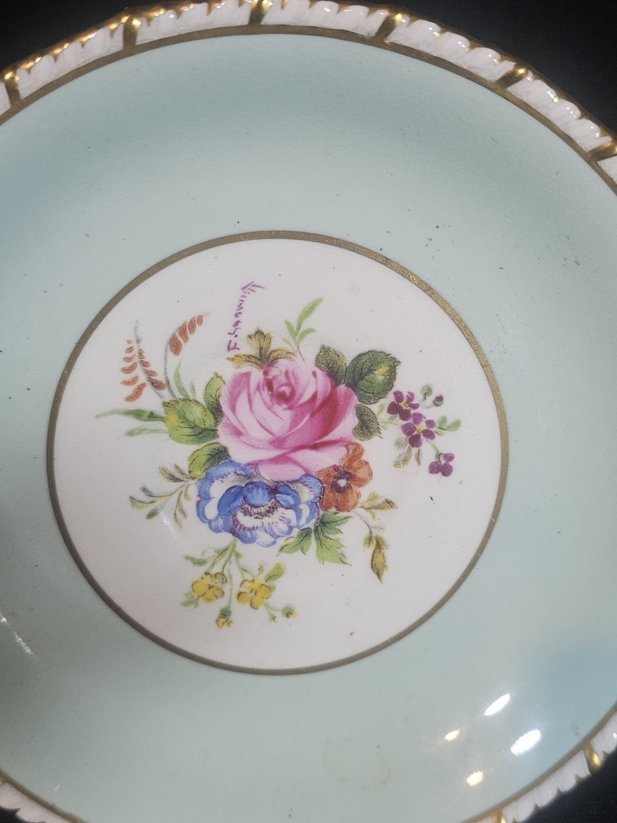 A Royal Crown Derby Rosemary Celadon A277 Pattern Saucer