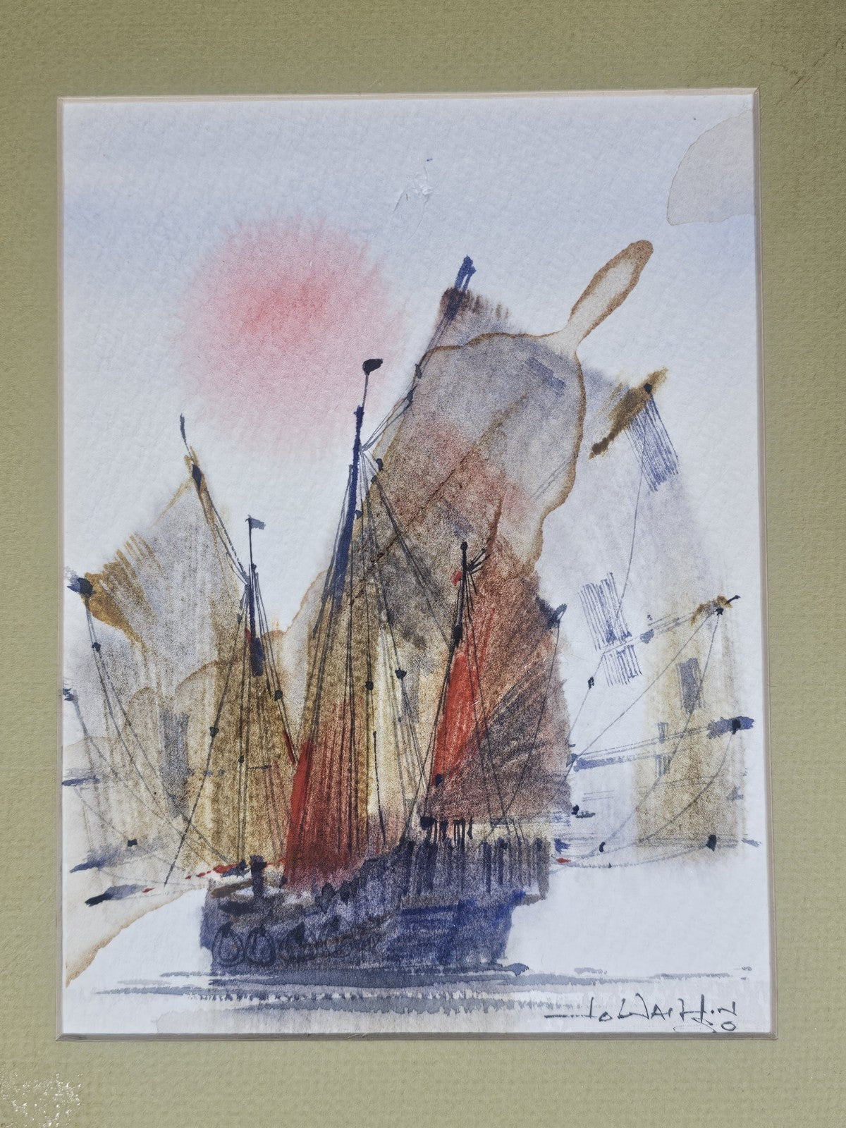 A Signed Watercolour Painting of a Ship at Sea, Framed