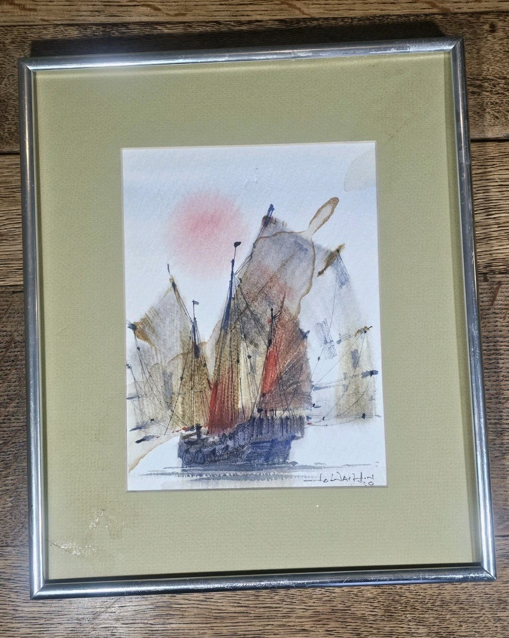 A Signed Watercolour Painting of a Ship at Sea, Framed