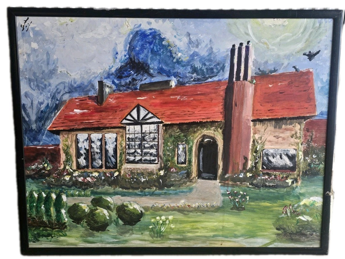 A Large Vintage Folk Art Style Acrylic Painting Of A Cottage,  Signed