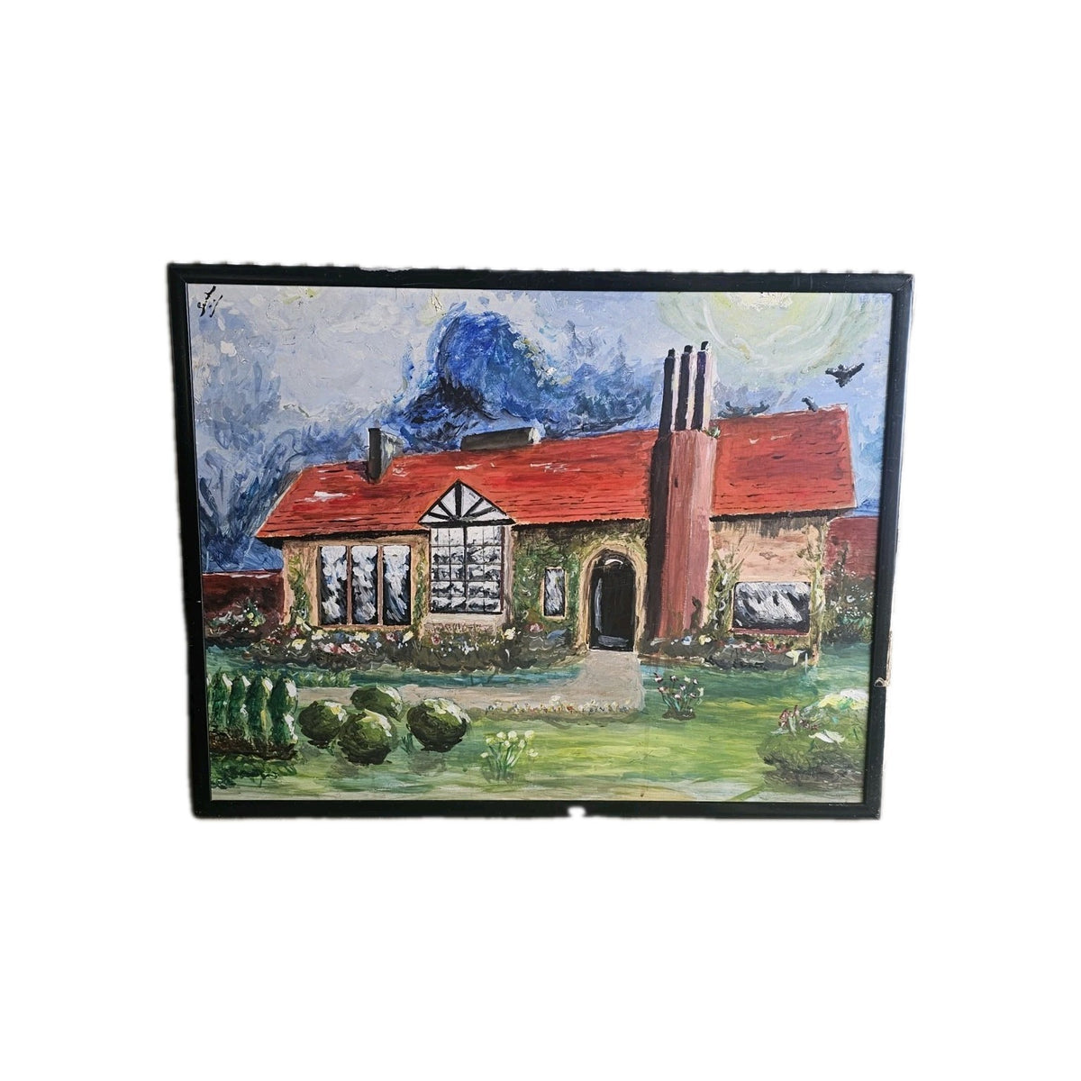 A Large Vintage Folk Art Style Acrylic Painting Of A Cottage,  Signed