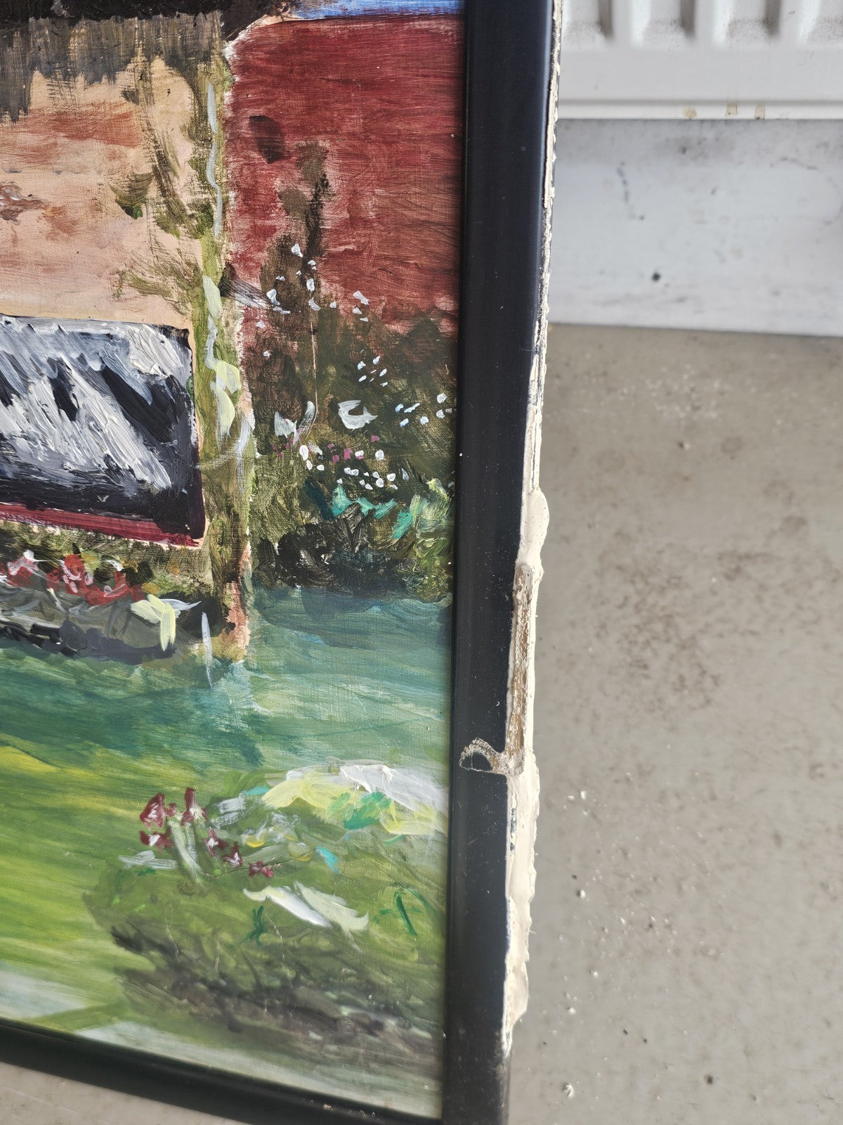 A Large Vintage Folk Art Style Acrylic Painting Of A Cottage,  Signed