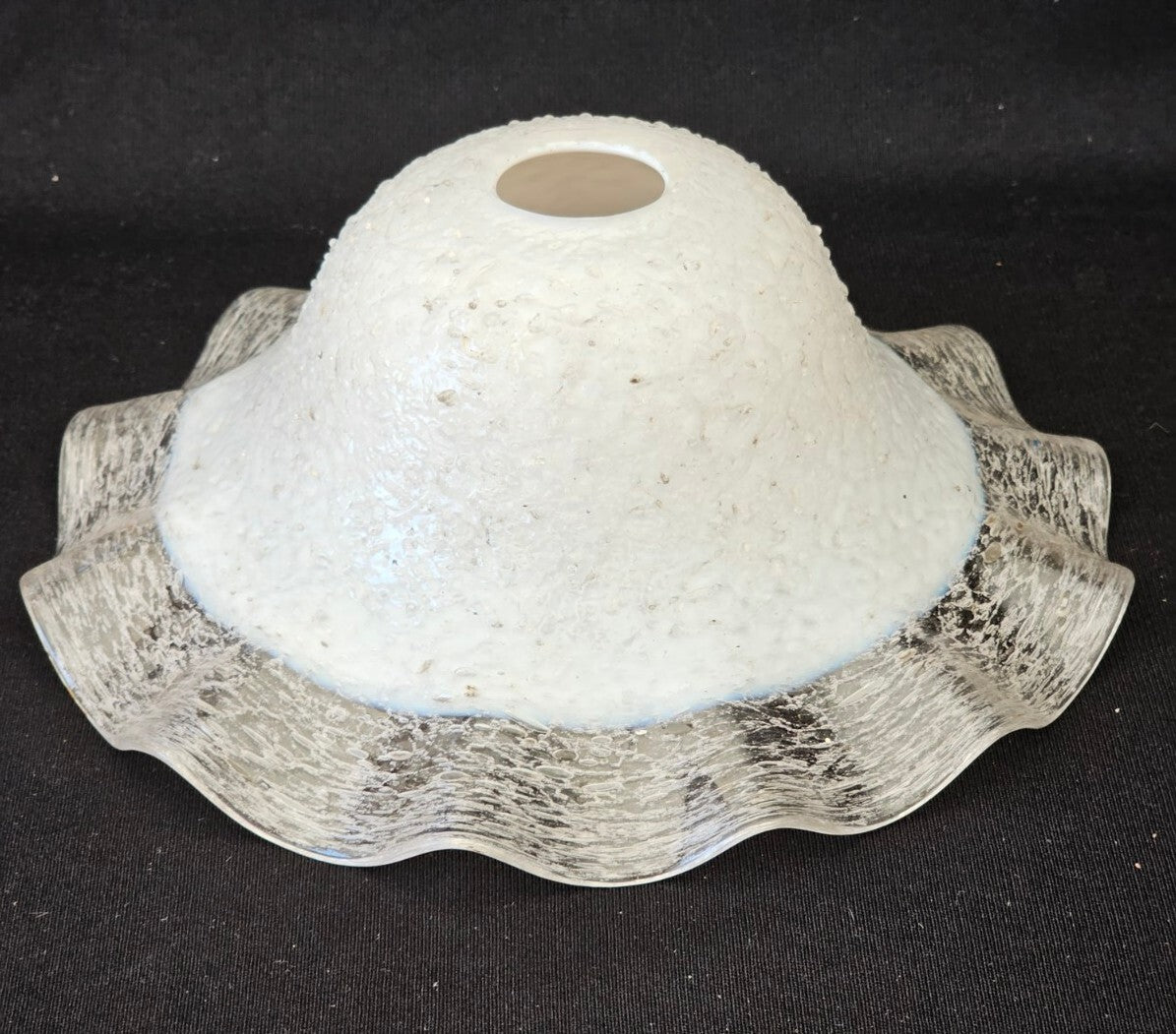 A Vintage Glass Lamp Shade White with a Clear Frilled Rim