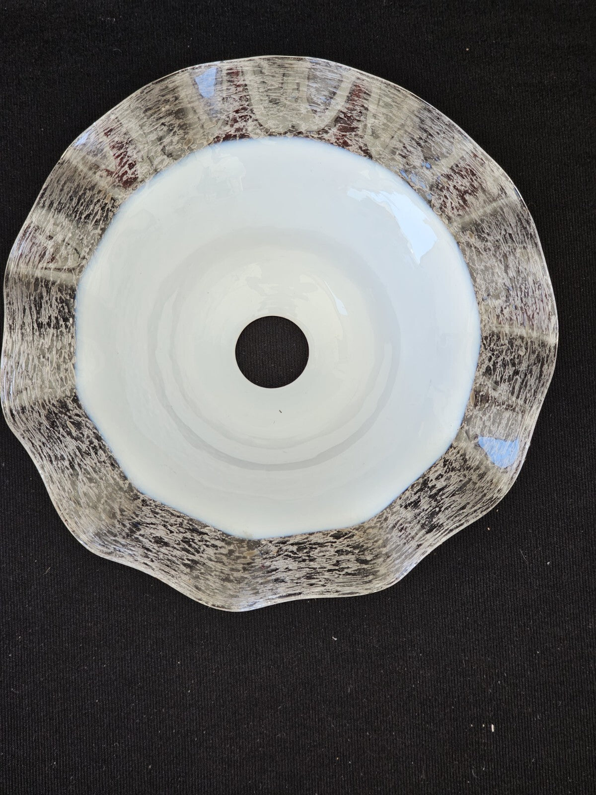 A Vintage Glass Lamp Shade White with a Clear Frilled Rim