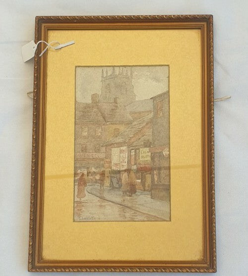 Antique painting P Shackleton - Street Scene, watercolour