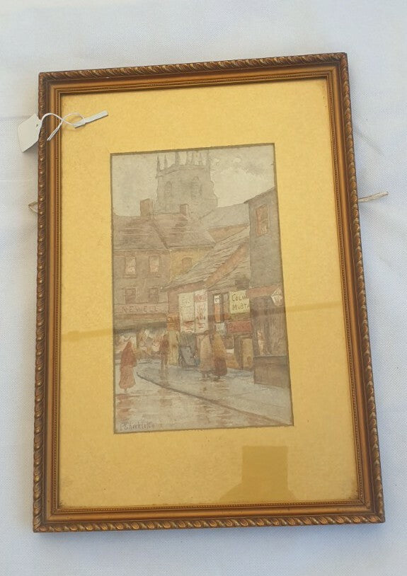 Antique painting P Shackleton - Street Scene, watercolour