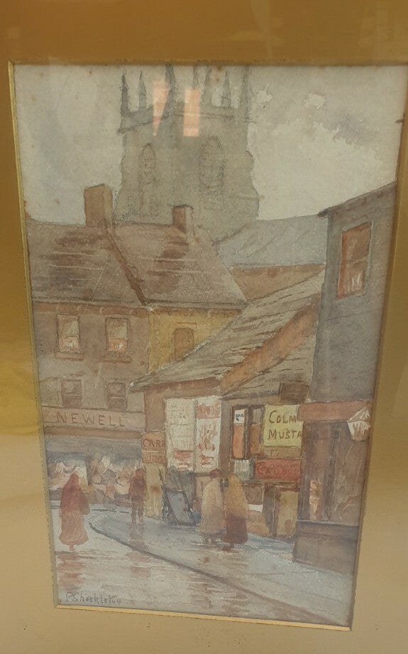 Antique painting P Shackleton - Street Scene, watercolour