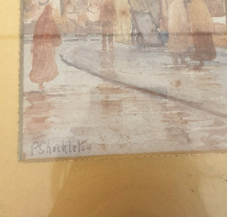 Antique painting P Shackleton - Street Scene, watercolour