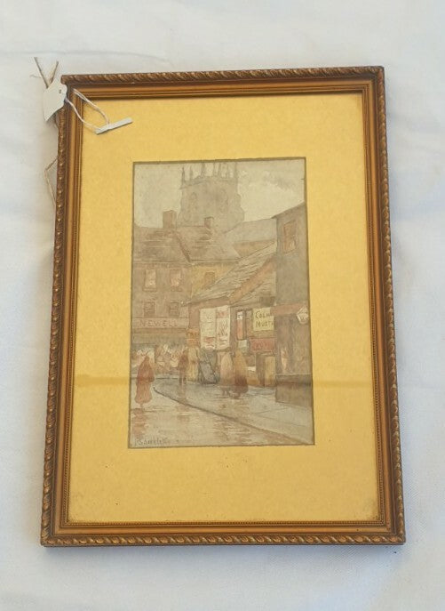 Antique painting P Shackleton - Street Scene, watercolour