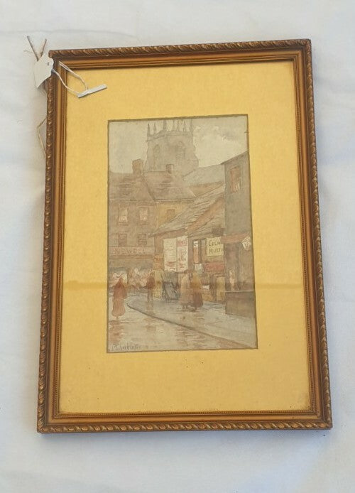 Antique painting P Shackleton - Street Scene, watercolour