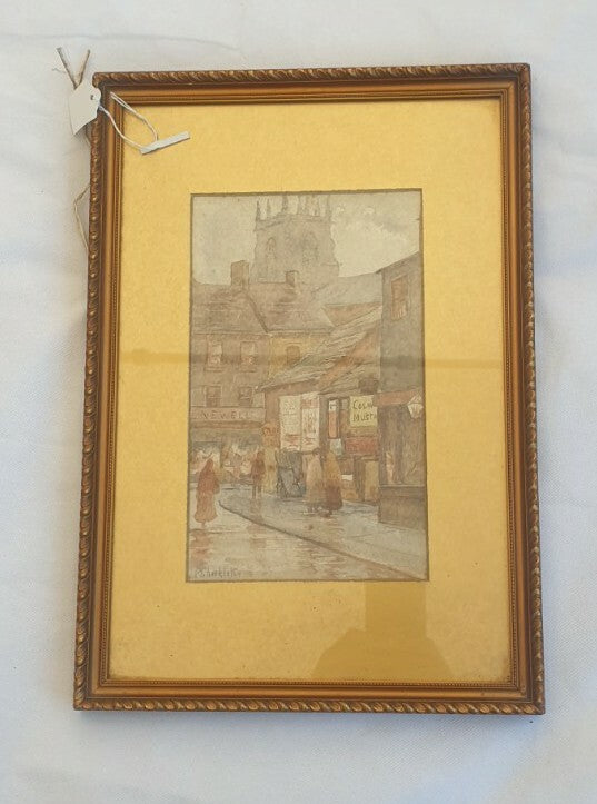 Antique painting P Shackleton - Street Scene, watercolour