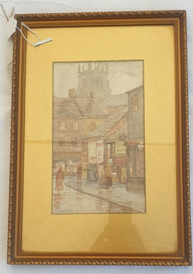 Antique painting P Shackleton - Street Scene, watercolour