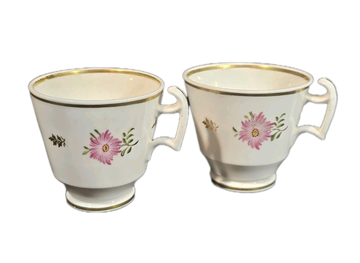 A Pair of 19thC English Bone China Tea Cups Hand Painted with Pink Flowers