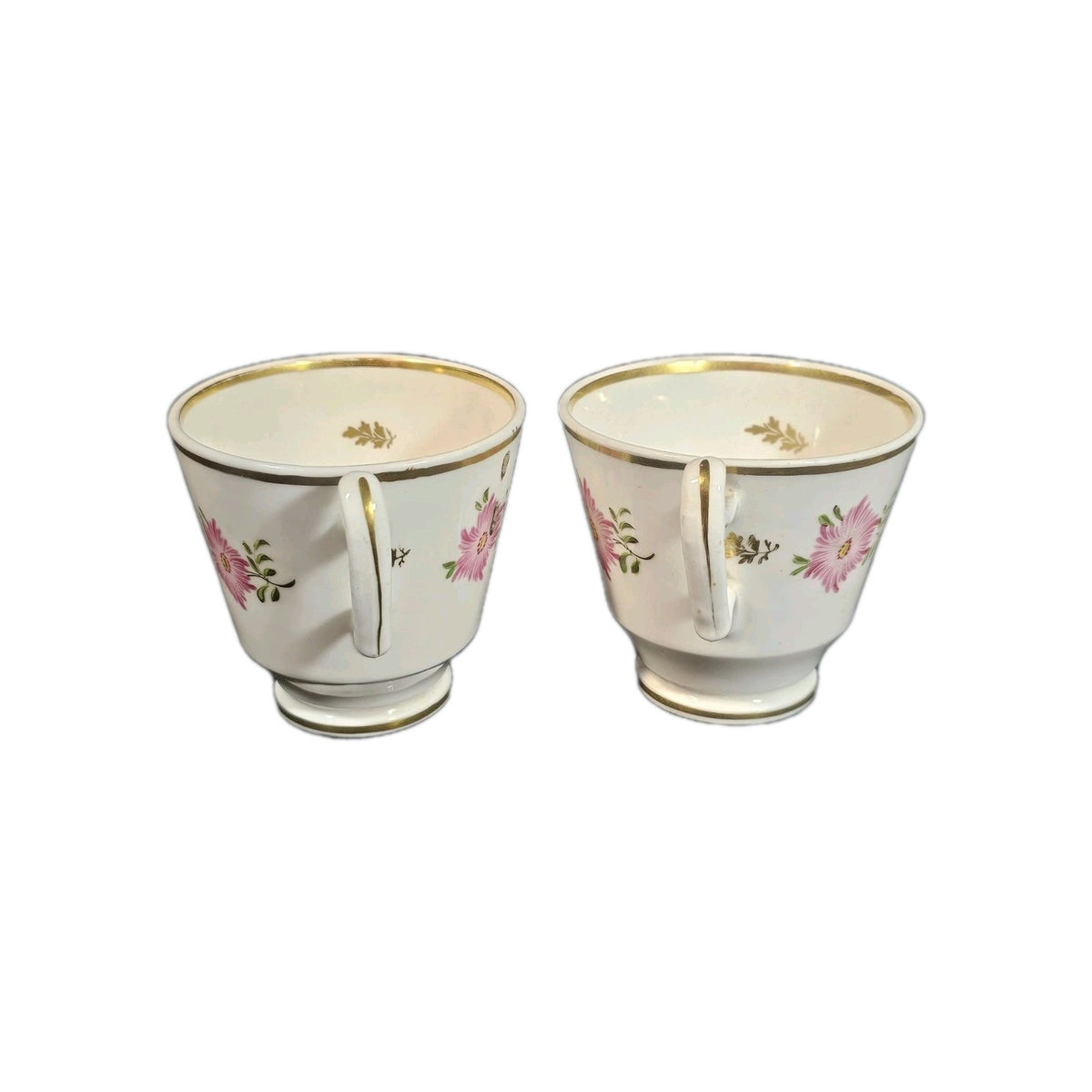 A Pair of 19thC English Bone China Tea Cups Hand Painted with Pink Flowers