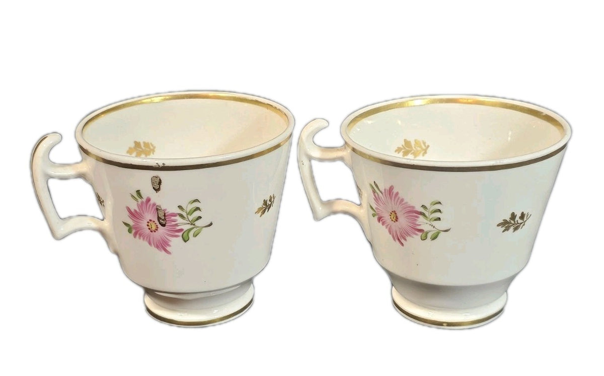 A Pair of 19thC English Bone China Tea Cups Hand Painted with Pink Flowers