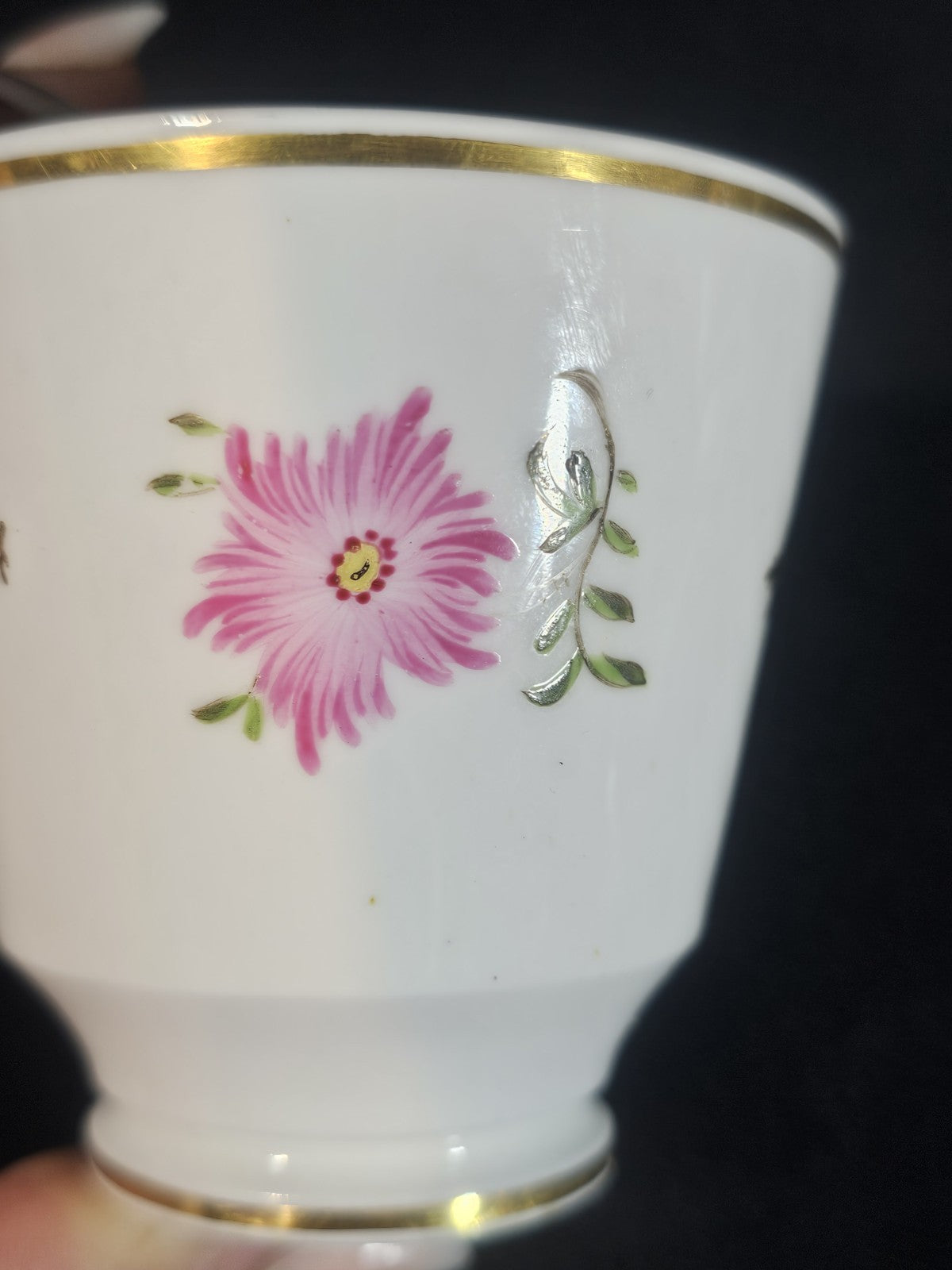 A Pair of 19thC English Bone China Tea Cups Hand Painted with Pink Flowers