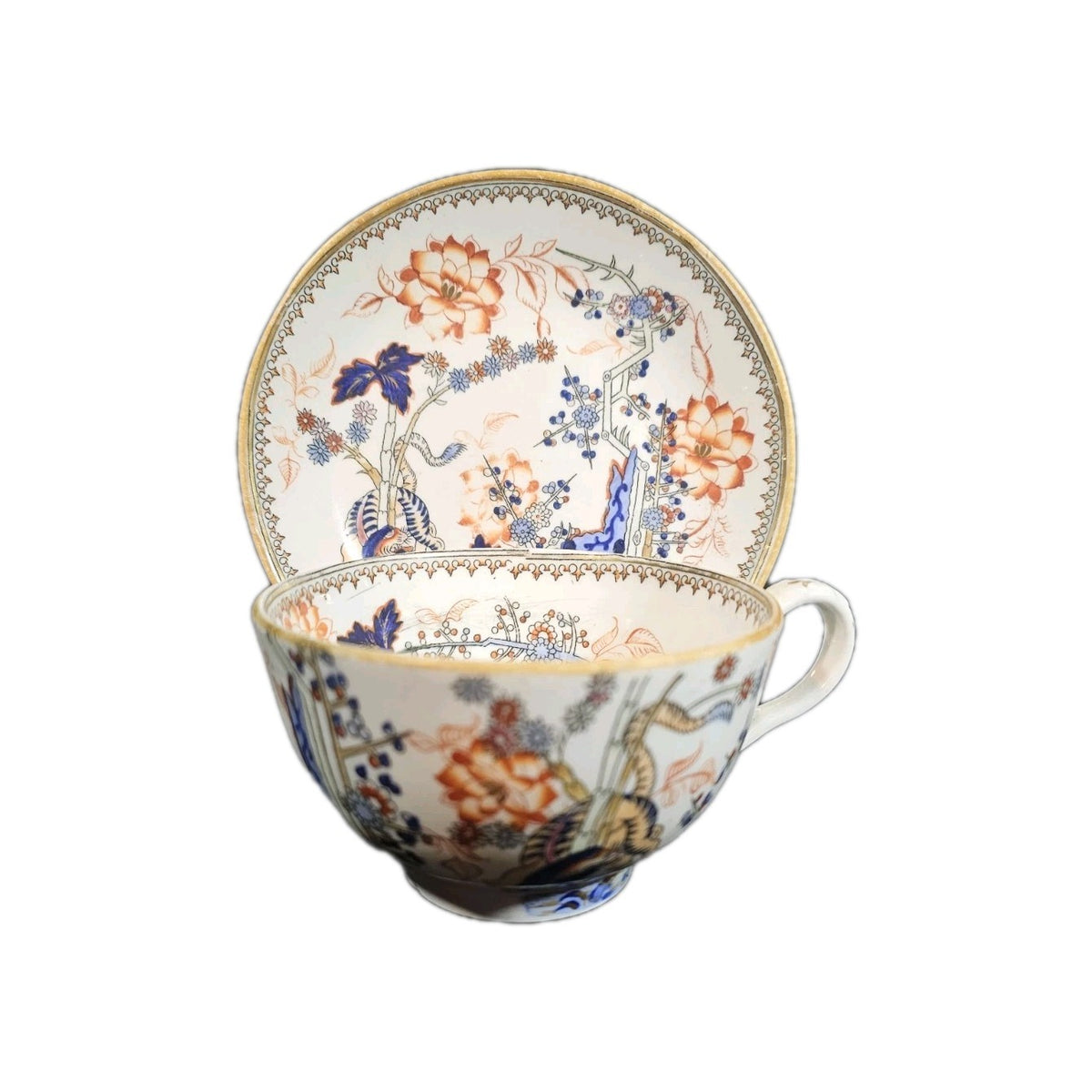 A 19thC English Chinoiserie Pattern Tea Cup and Saucer, Hand Decorated