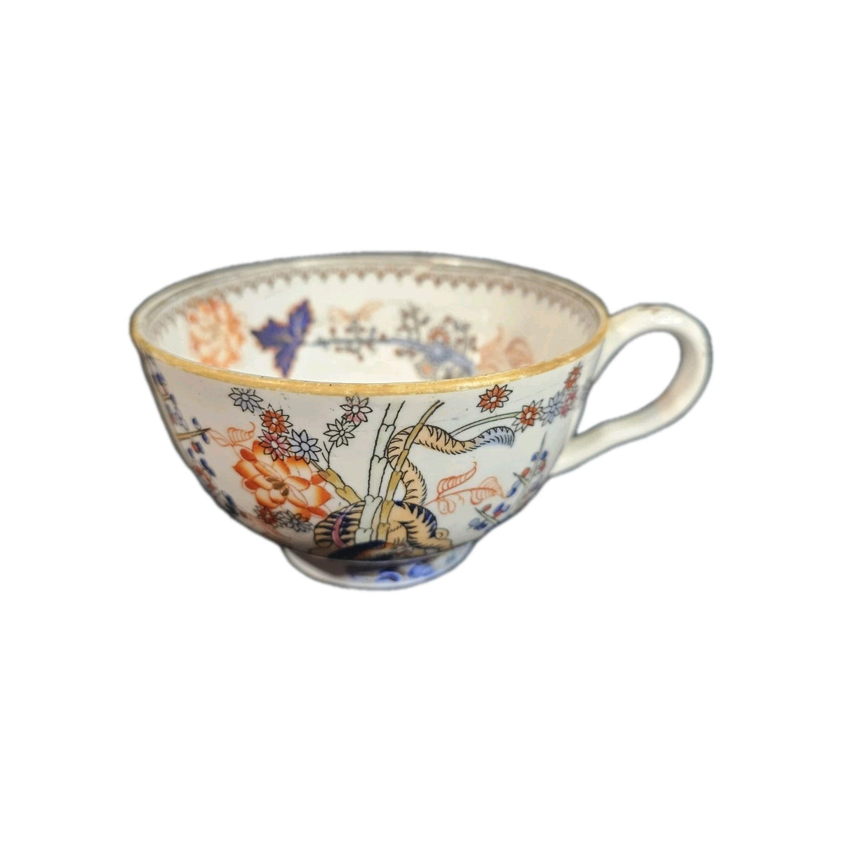 A 19thC English Chinoiserie Pattern Tea Cup and Saucer, Hand Decorated