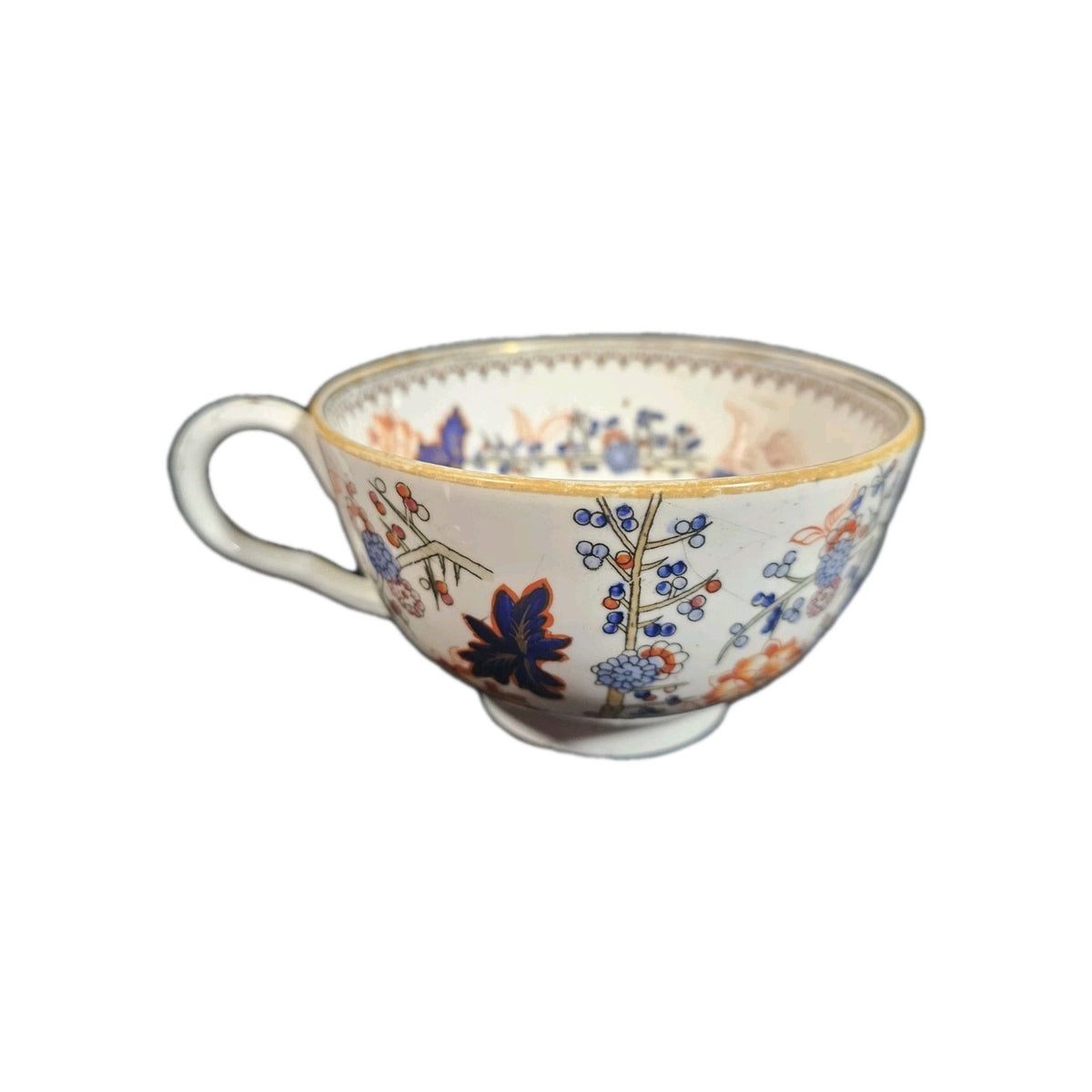 A 19thC English Chinoiserie Pattern Tea Cup and Saucer, Hand Decorated