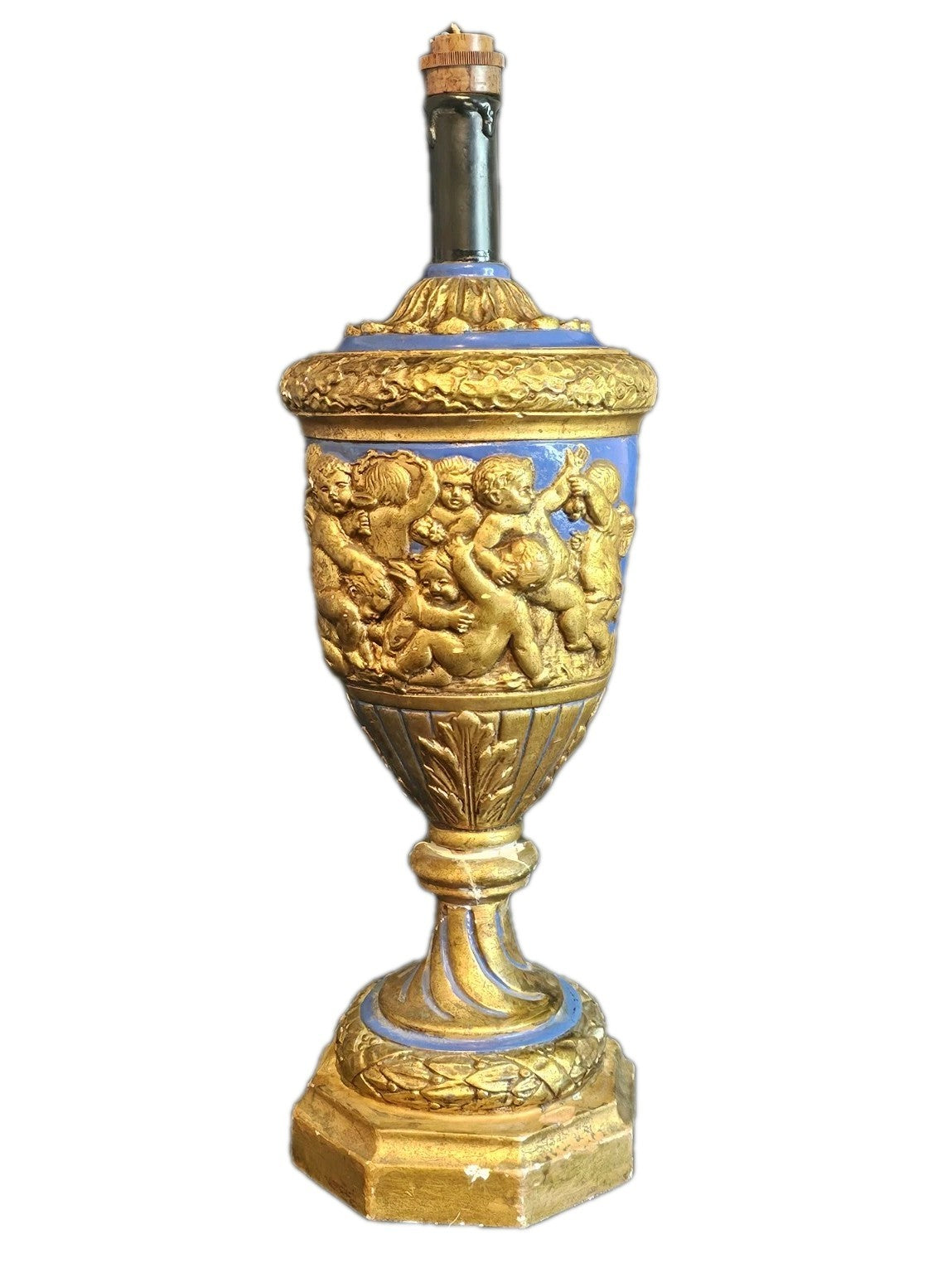 A Vintage Rococo Style Table Lamp Moulded with Cherubs in Blue & Gold