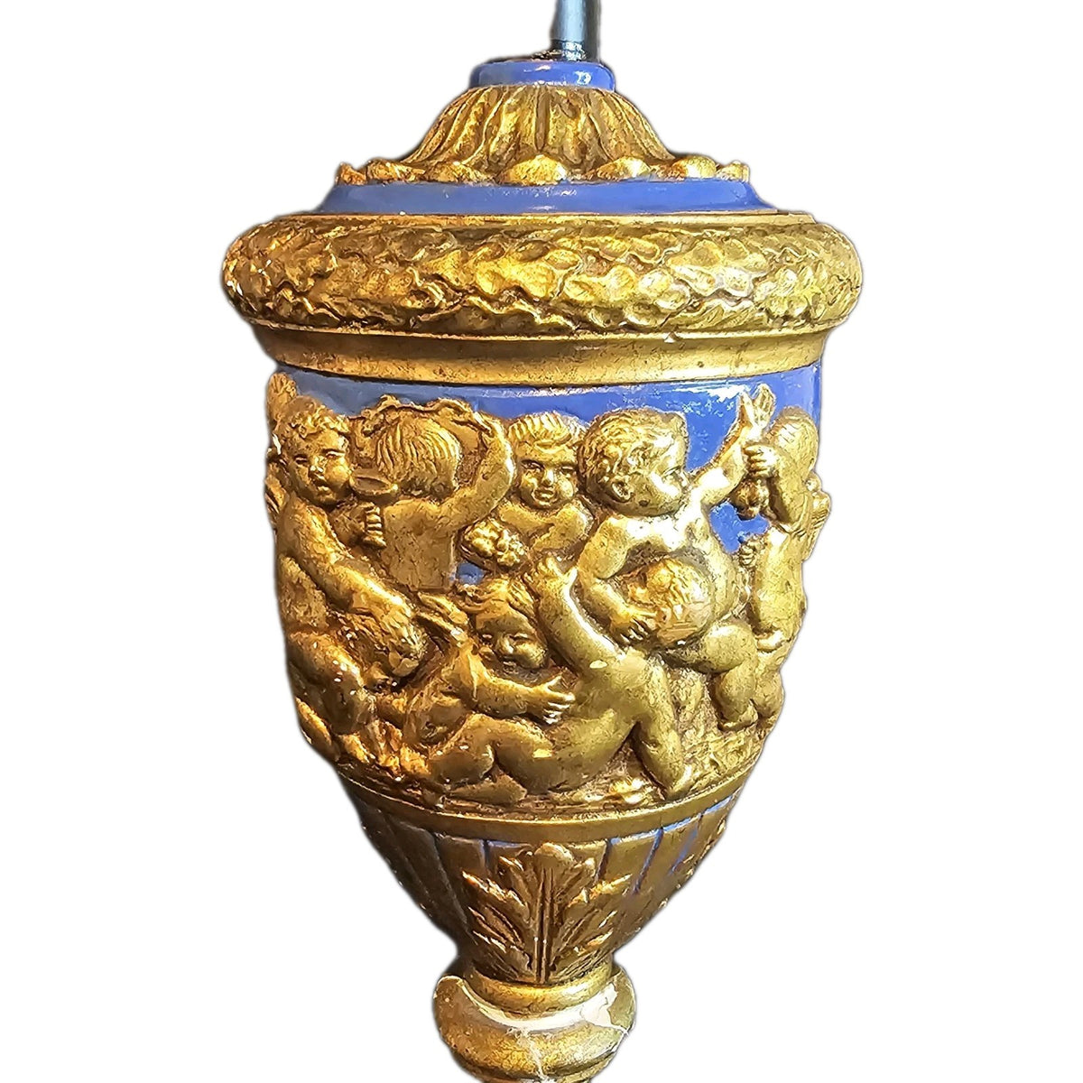 A Vintage Rococo Style Table Lamp Moulded with Cherubs in Blue & Gold