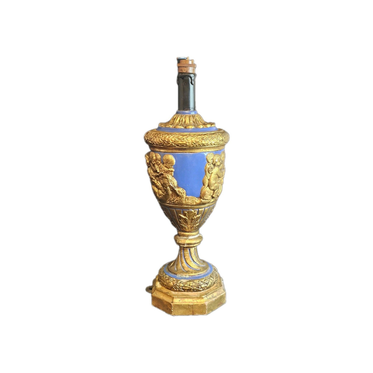 A Vintage Rococo Style Table Lamp Moulded with Cherubs in Blue & Gold