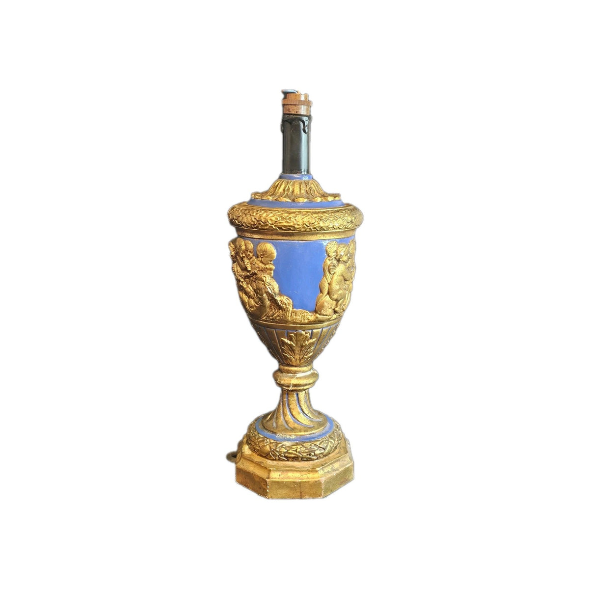 A Vintage Rococo Style Table Lamp Moulded with Cherubs in Blue & Gold