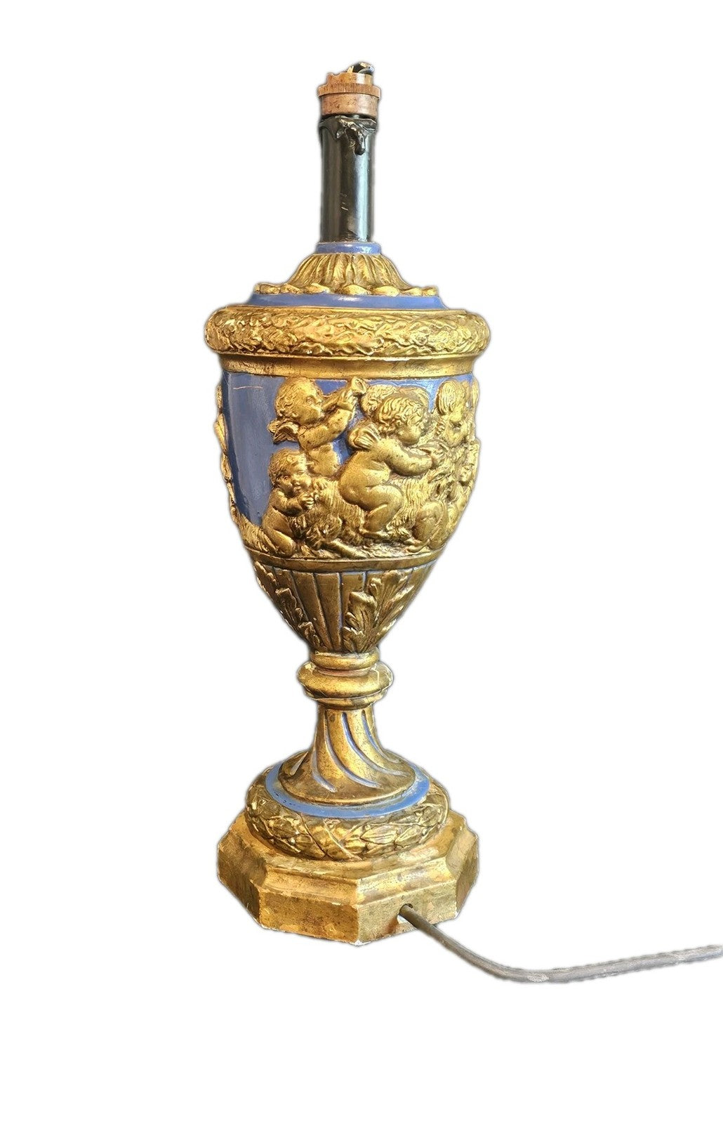 A Vintage Rococo Style Table Lamp Moulded with Cherubs in Blue & Gold